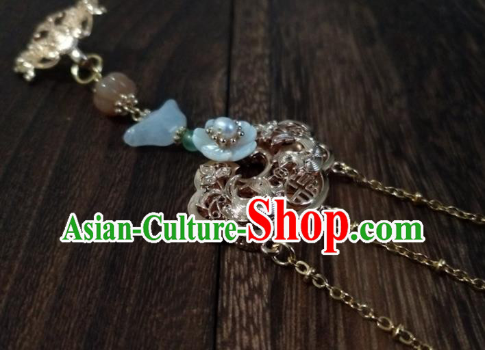 Chinese Traditional Hanfu Golden Lotus Brooch Accessories Classical Jade Tassel Pendant
