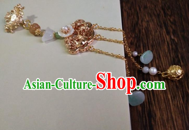 Chinese Traditional Hanfu Golden Lotus Brooch Accessories Classical Jade Tassel Pendant