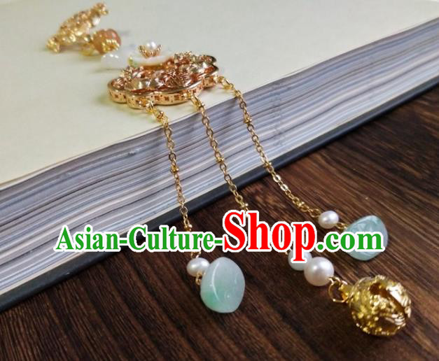 Chinese Traditional Hanfu Golden Lotus Brooch Accessories Classical Jade Tassel Pendant