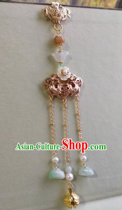 Chinese Traditional Hanfu Golden Lotus Brooch Accessories Classical Jade Tassel Pendant