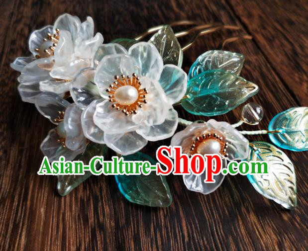 China Ancient Princess Pearls Flowers Hairpin Traditional Ming Dynasty White Gardenia Hair Comb