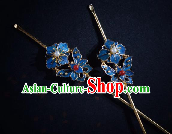 Chinese Qing Dynasty Pearl Hairpin Traditional Hair Jewelry Ancient Empress Blueing Butterfly Hair Stick