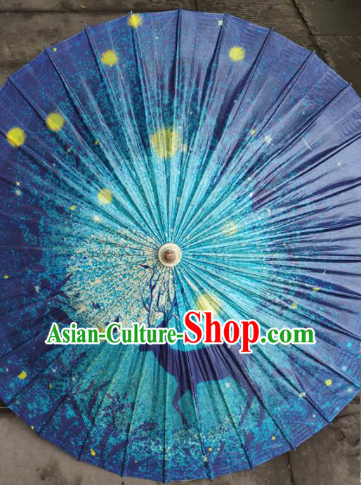 China Classical Printing Deer Umbrella Handmade Dance Umbrellas Craft Traditional Blue Oil Paper Umbrella