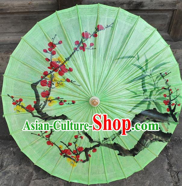 China Handmade Craft Classical Ink Painting Plum Bamboo Umbrellas Traditional Green Oil Paper Umbrella
