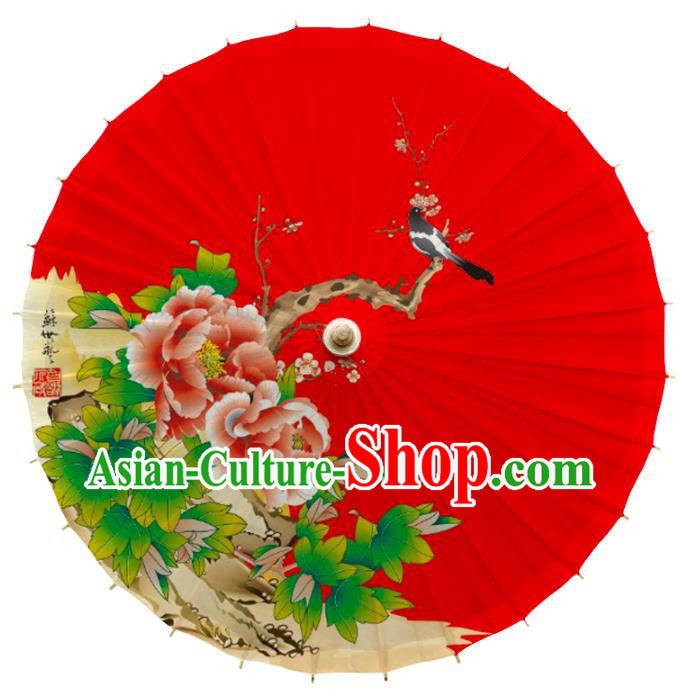 China Traditional Wedding Bride Umbrella Handmade Printing Peony Plum Red Oil Paper Umbrella