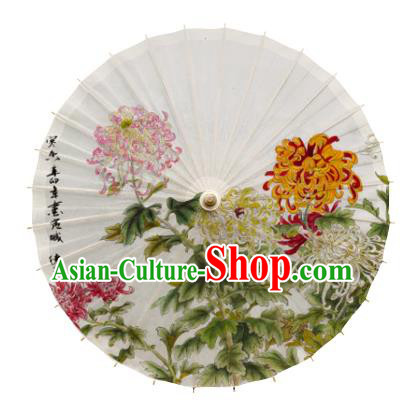 China Traditional White Paper Umbrella Handmade Painting Chrysanthemum Oil Paper Umbrella