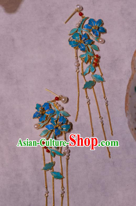 Chinese Traditional Blueing Flowers Earrings Culture Jewelry Cheongsam Golden Tassel Ear Accessories