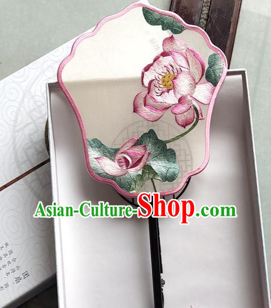 Chinese Handmade Palace Fan Classical Dance Fan Traditional Suzhou Embroidered Lotus Silk Fan