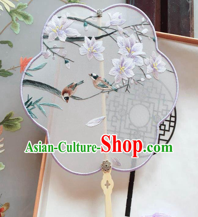 Chinese Handmade Embroidered Mangnolia Palace Fan Traditional Cheongsam Dance Fan Classical Silk Fan