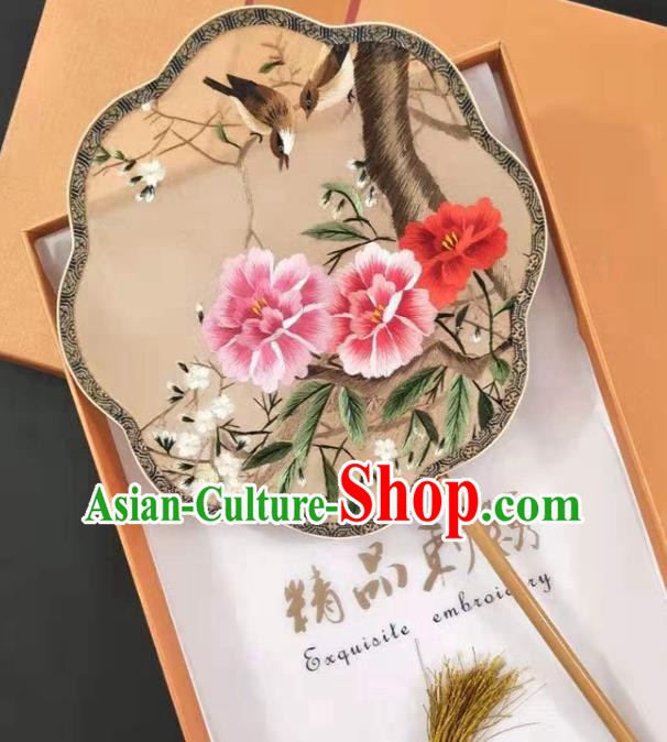 Chinese Classical Dance Silk Fan Handmade Embroidered Peony Palace Fan Traditional Song Dynasty Princess Fan