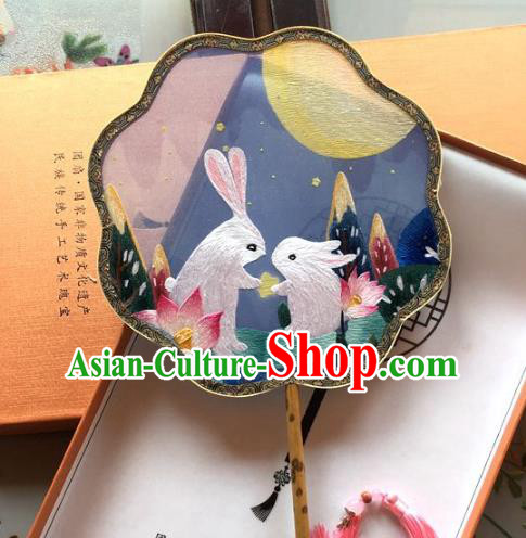 Chinese Handmade Embroidered Moon Rabbit Palace Fan Traditional Hanfu Fan Classical Blue Silk Fan