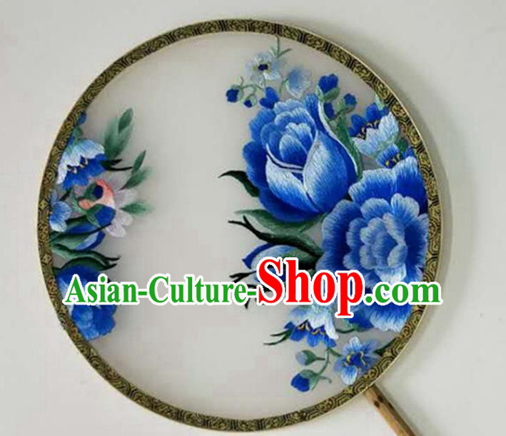 Chinese Handmade Embroidered Blue Peony Silk Palace Fan Traditional Hanfu Circular Fan