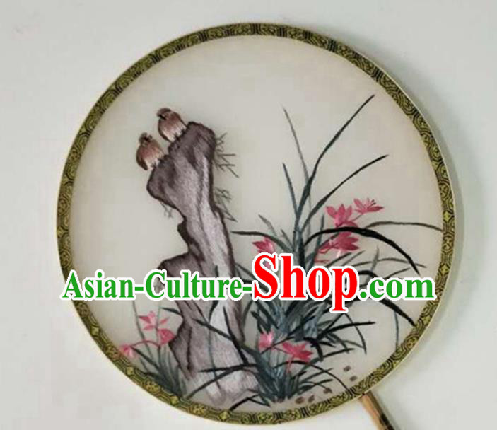 Chinese Traditional Circular Fan Handmade Embroidered Orchids Palace Fan Silk Fan