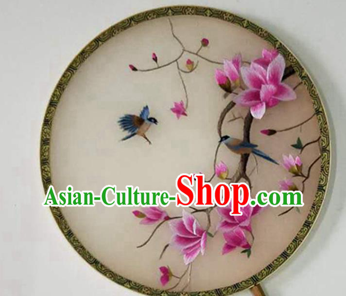 Chinese Handmade Silk Fan Traditional Circular Fan Suzhou Embroidered Mangnolia Palace Fan