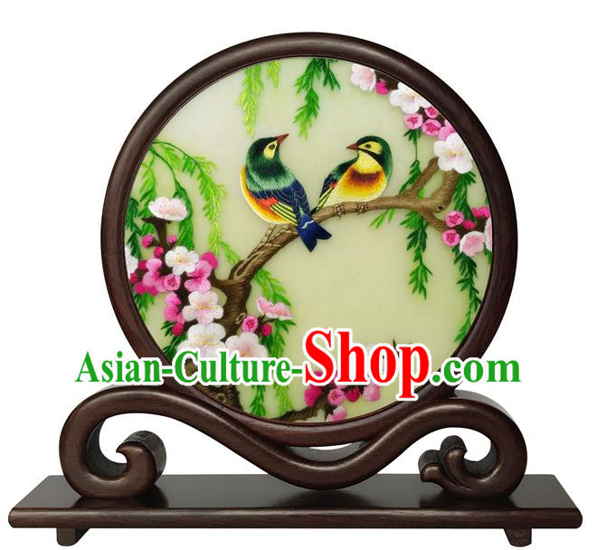 Chinese Handmade Rosewood Table Ornament Traditional Suzhou Embroidery Plum Blossom Desk Screen
