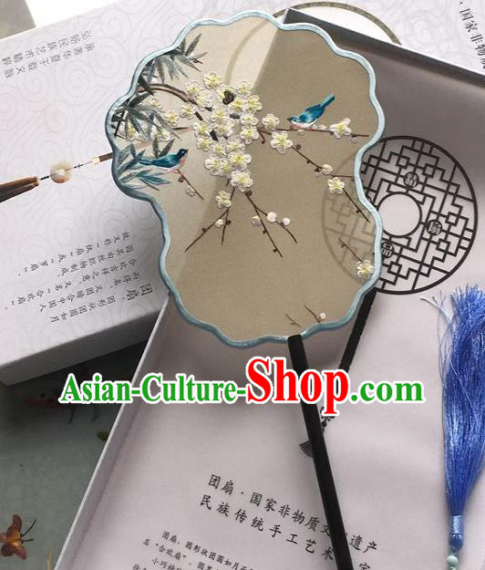 Chinese Traditional Embroidered Plum Blossom Silk Fan Classical Dance Fan Handmade Palace Fan