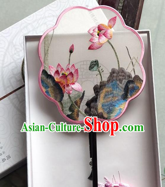 Chinese Handmade Palace Fan Traditional Embroidered Lotus Fan Classical Silk Fan