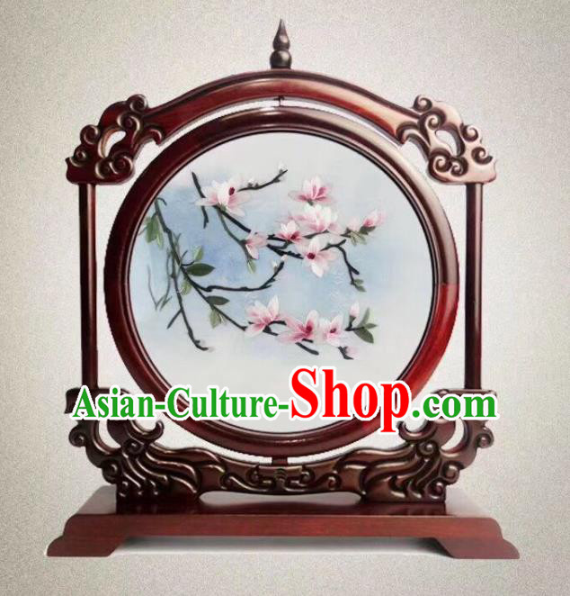 Chinese Embroidered Mangnolia Table Ornament Handmade Suzhou Embroidery Desk Screen