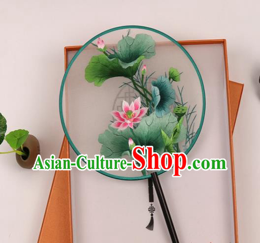 Chinese Handmade Silk Circular Fan Traditional Hanfu Fan Suzhou Embroidered Lotus Palace Fan
