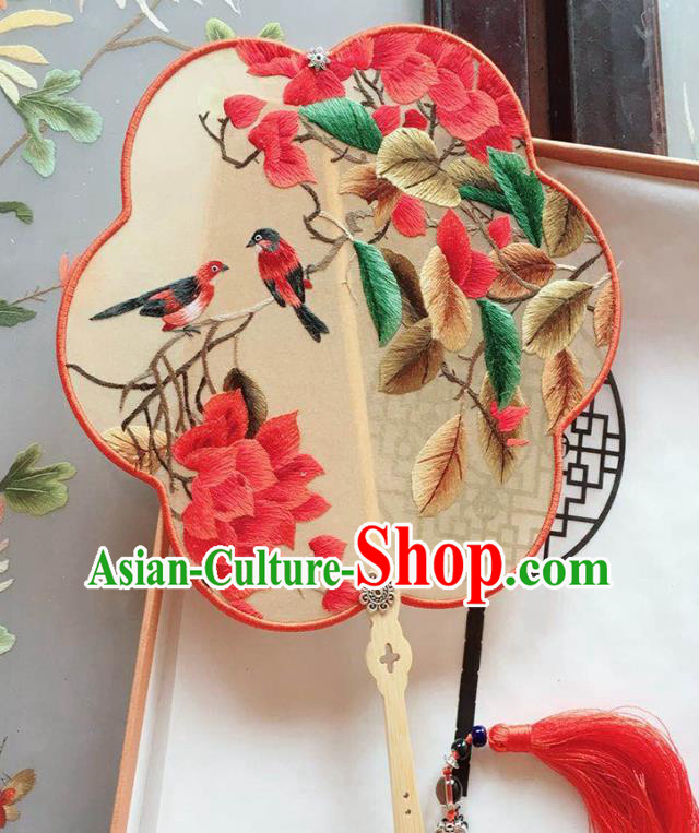Chinese Handmade Embroidered Red Leaf Birds Palace Fan Traditional Hanfu Fan Classical Dance Silk Fan