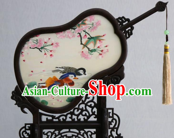 Chinese Traditional Suzhou Embroidered Mandarin Duck Table Screen Handmade Rosewood Double Side Desk Decoration