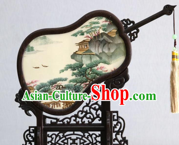 Chinese Handmade Double Side Embroidery Silk Craft Traditional Embroidered Rosewood Desk Screen