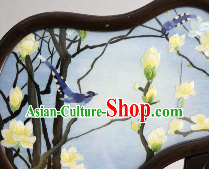 Chinese Handmade Rosewood Desk Screen Traditional Embroidered Mangnolia Craft