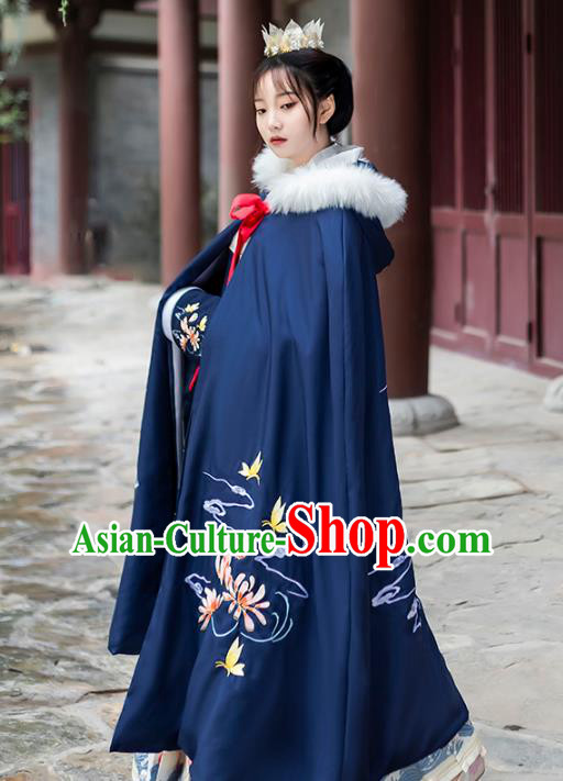 China Ancient Court Woman Costume Traditional Ming Dynasty Princess Embroidered Royalblue Cape