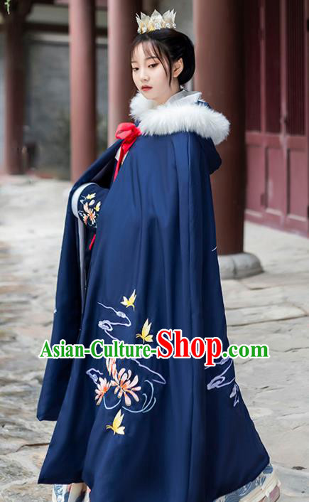 China Ancient Court Woman Costume Traditional Ming Dynasty Princess Embroidered Royalblue Cape