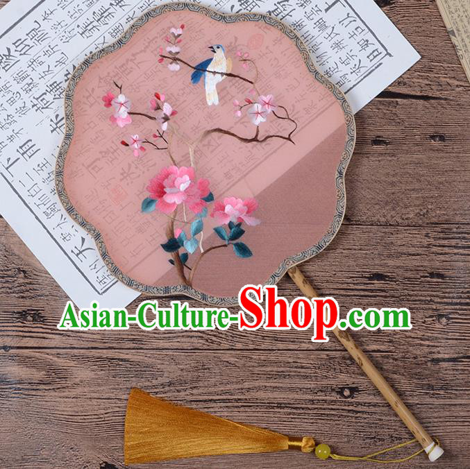 Chinese Traditional Song Dynasty Palace Fan Embroidered Begonia Fan Handmade Pink Silk Fan