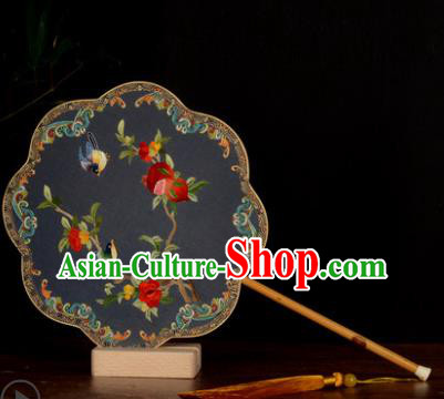 Chinese Handmade Navy Silk Fan Traditional Palace Fan Embroidered Pomegranate Fan