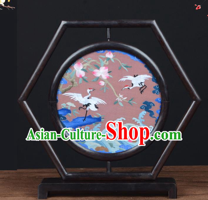 Chinese Traditional Suzhou Embroidery Crane Desk Screen Handmade Wenge Table Decoration