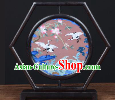 Chinese Traditional Suzhou Embroidery Crane Desk Screen Handmade Wenge Table Decoration
