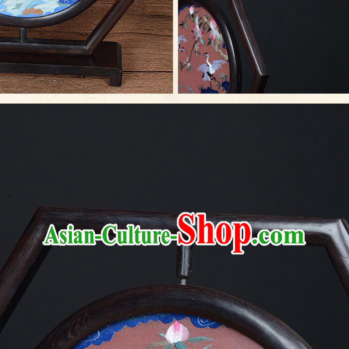 Chinese Traditional Suzhou Embroidery Crane Desk Screen Handmade Wenge Table Decoration