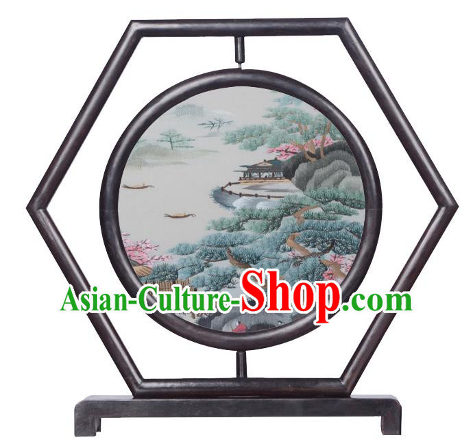 Chinese Traditional Suzhou Embroidery Landscape Desk Screen Handmade Wenge Hexagon Table Decoration