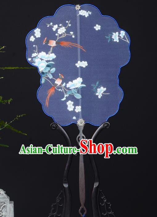 Chinese Handmade Deep Blue Silk Fan Traditional Wedding Palace Fan Embroidered Plum Blossom Fan