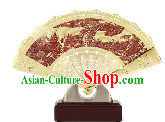 Chinese Traditional Folding Fan Printing Riverside Scene at Qingming Festival Accordion Decoration Handmade Brass Fan