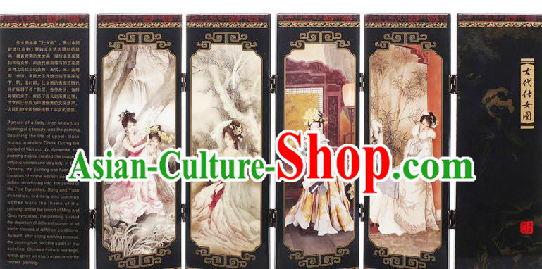 Chinese Handmade Lacquerware Table Decoration Traditional Printing Palace Lady Folding Screen