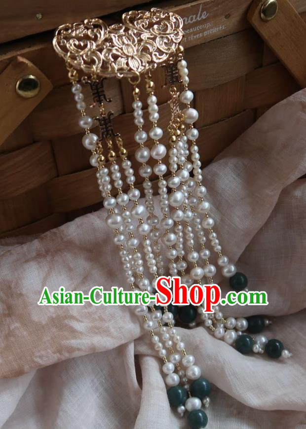 China Handmade Hanfu Pearls Tassel Hairpin Traditional Ancient Ming Dynasty Golden Lotus Hair Stick
