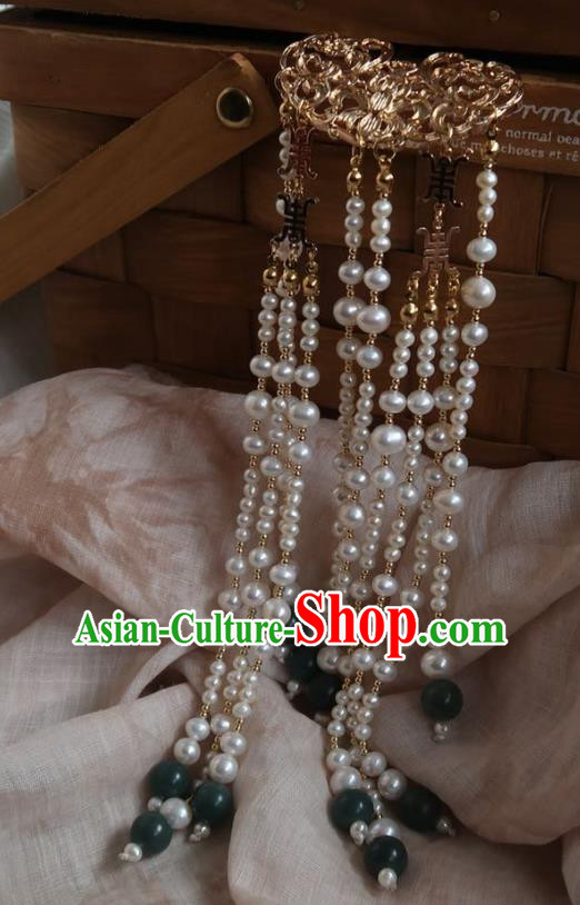 China Handmade Hanfu Pearls Tassel Hairpin Traditional Ancient Ming Dynasty Golden Lotus Hair Stick