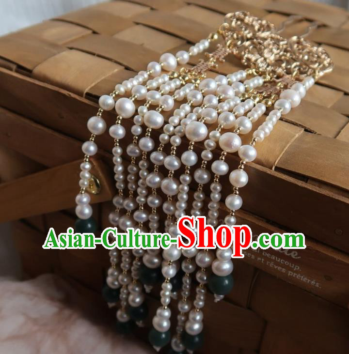China Handmade Hanfu Pearls Tassel Hairpin Traditional Ancient Ming Dynasty Golden Lotus Hair Stick