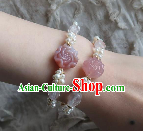 Handmade Chinese Pearls Bangle Carving Peony Wristlet Accessories Traditional Hanfu Bracelet