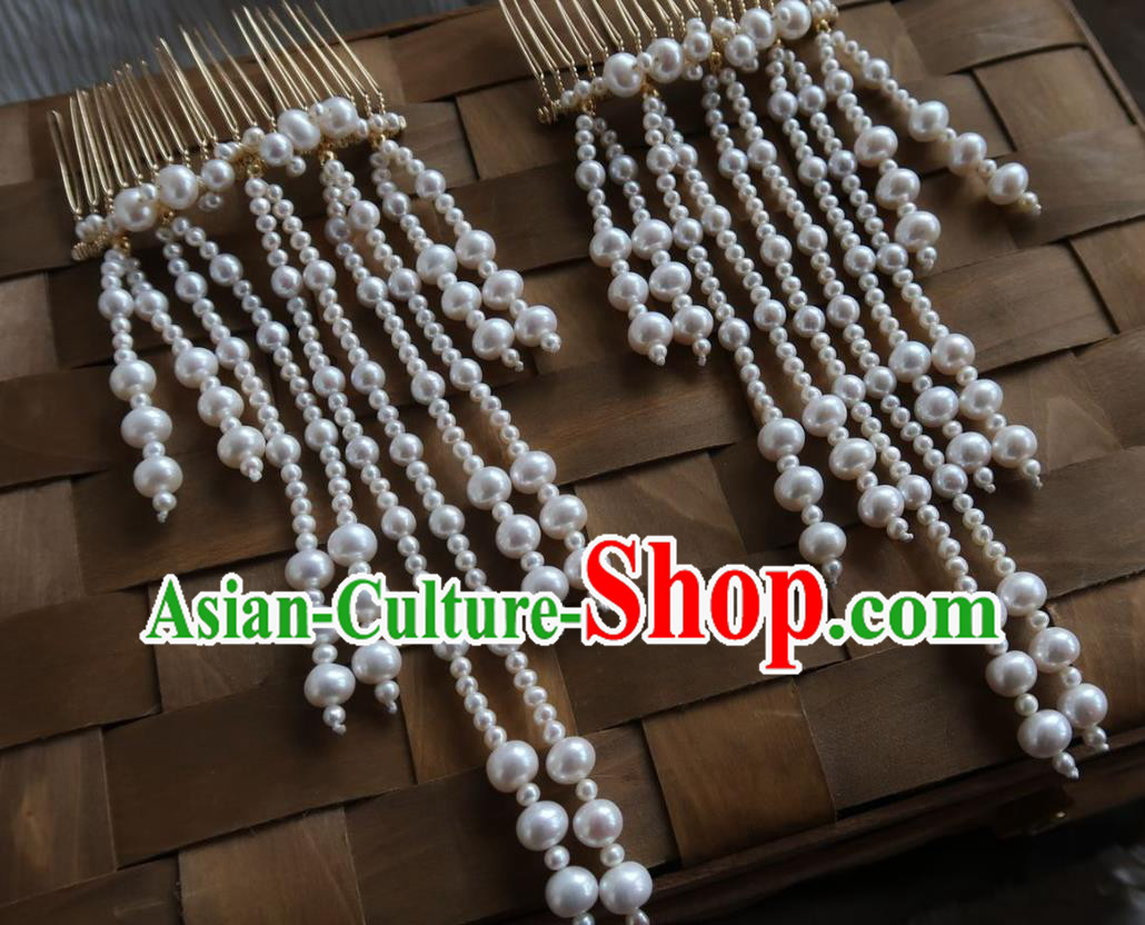China Handmade Hanfu Hairpin Traditional Ancient Ming Dynasty Pearls Tassel Hair Comb