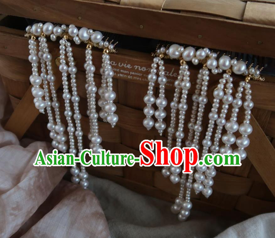 China Handmade Hanfu Hairpin Traditional Ancient Ming Dynasty Pearls Tassel Hair Comb