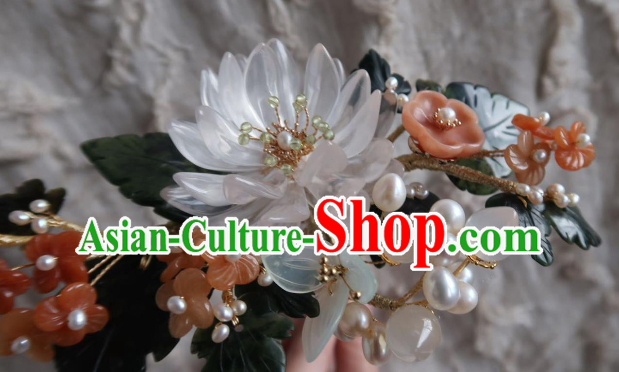 China Handmade Hanfu White Epiphyllum Hairpin Traditional Ancient Ming Dynasty Agate Plum Hair Stick