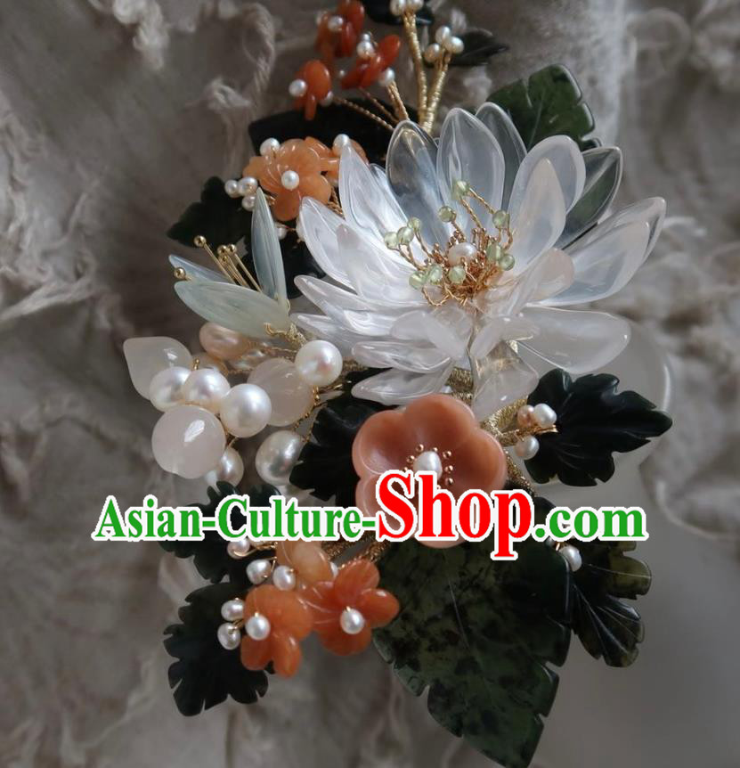 China Handmade Hanfu White Epiphyllum Hairpin Traditional Ancient Ming Dynasty Agate Plum Hair Stick