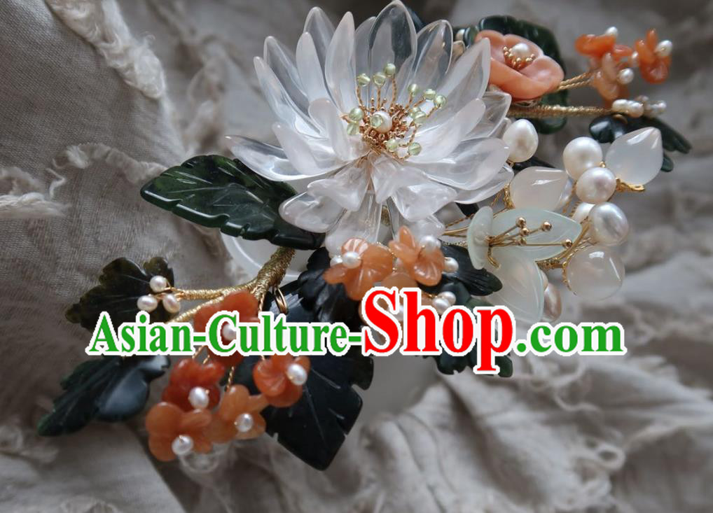 China Handmade Hanfu White Epiphyllum Hairpin Traditional Ancient Ming Dynasty Agate Plum Hair Stick