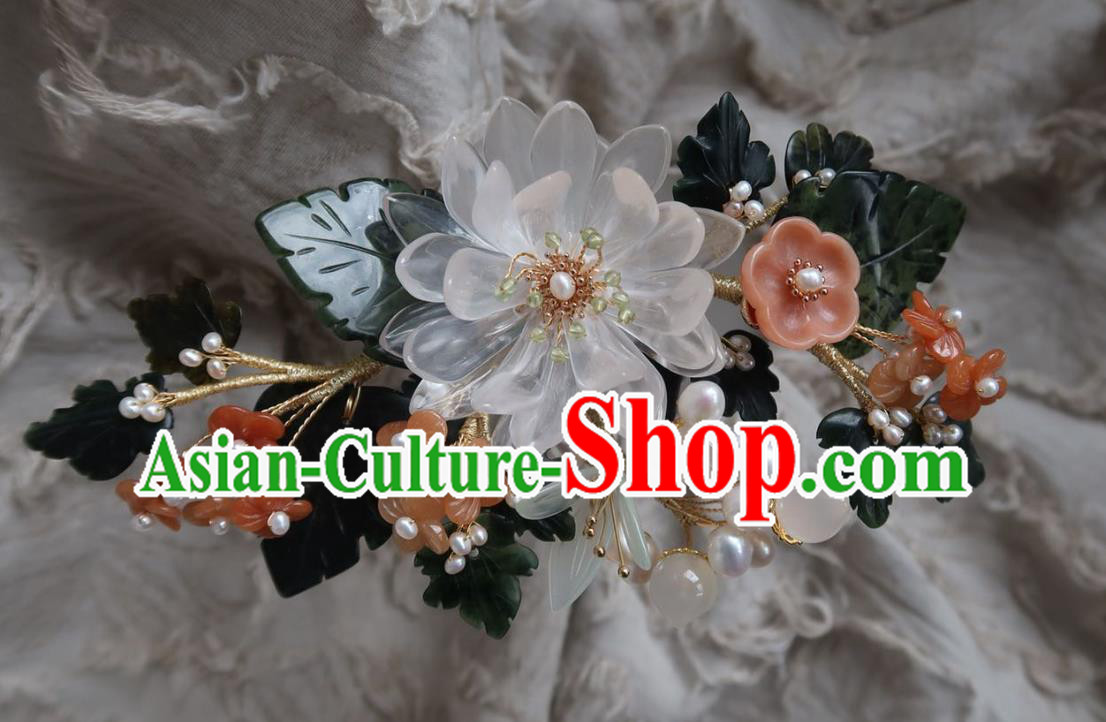 China Handmade Hanfu White Epiphyllum Hairpin Traditional Ancient Ming Dynasty Agate Plum Hair Stick