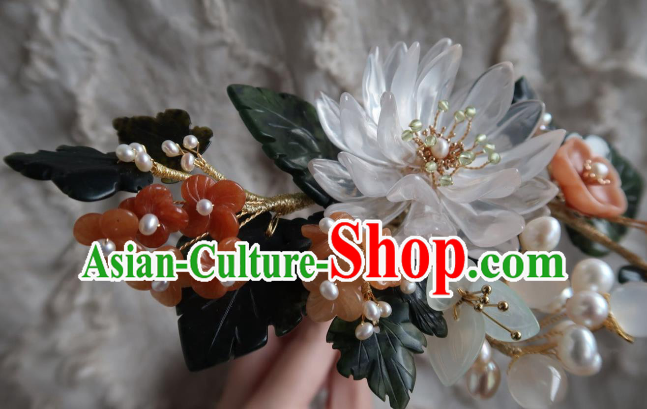 China Handmade Hanfu White Epiphyllum Hairpin Traditional Ancient Ming Dynasty Agate Plum Hair Stick