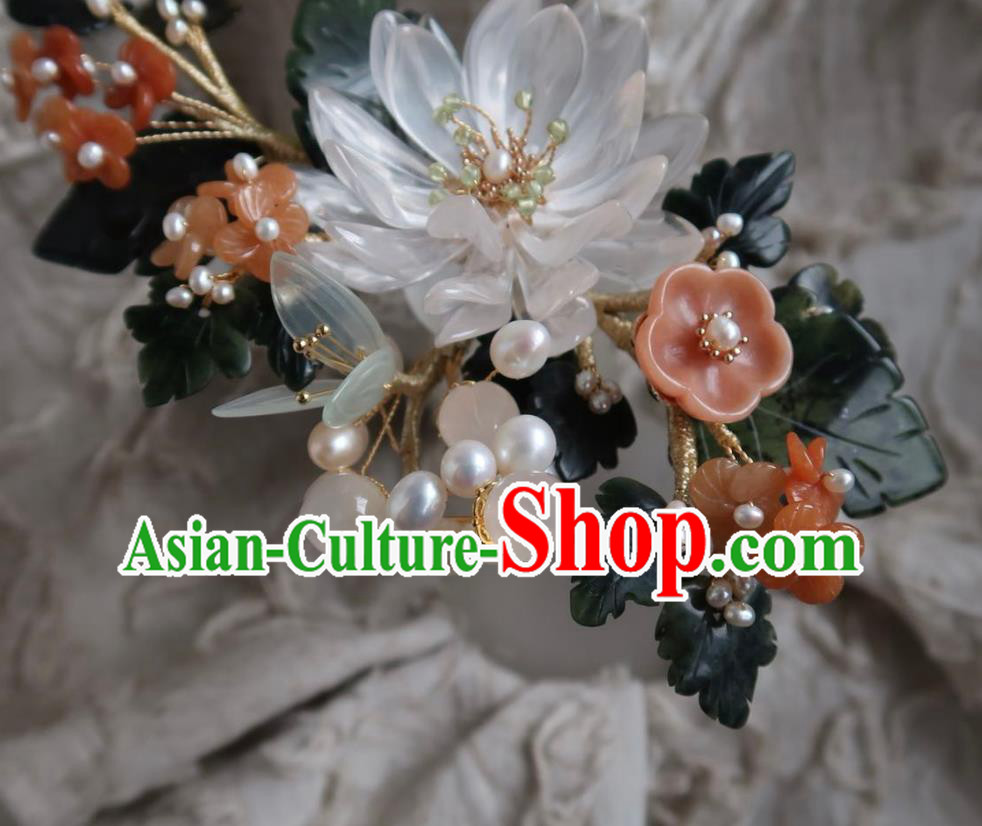 China Handmade Hanfu White Epiphyllum Hairpin Traditional Ancient Ming Dynasty Agate Plum Hair Stick
